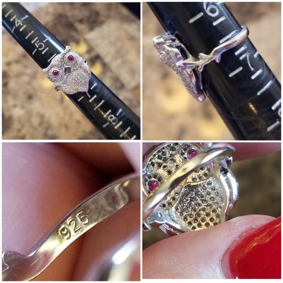 Genuine White Sapphire & Rubies Owl Ring - Picture 5 of 6